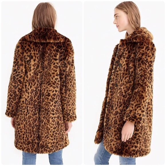 JCrew Faux Fur Leopard Coat Womens XS Brown Animal Print Mob Wife Y2K Evening - Picture 4 of 16